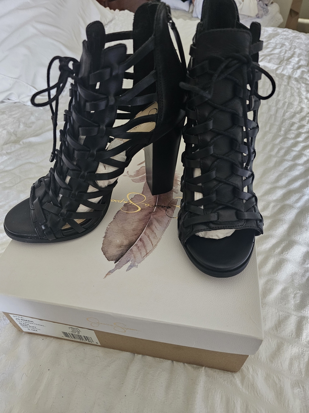 Jessica Simpson Black Lace-Up Cage Block Heel Sandals